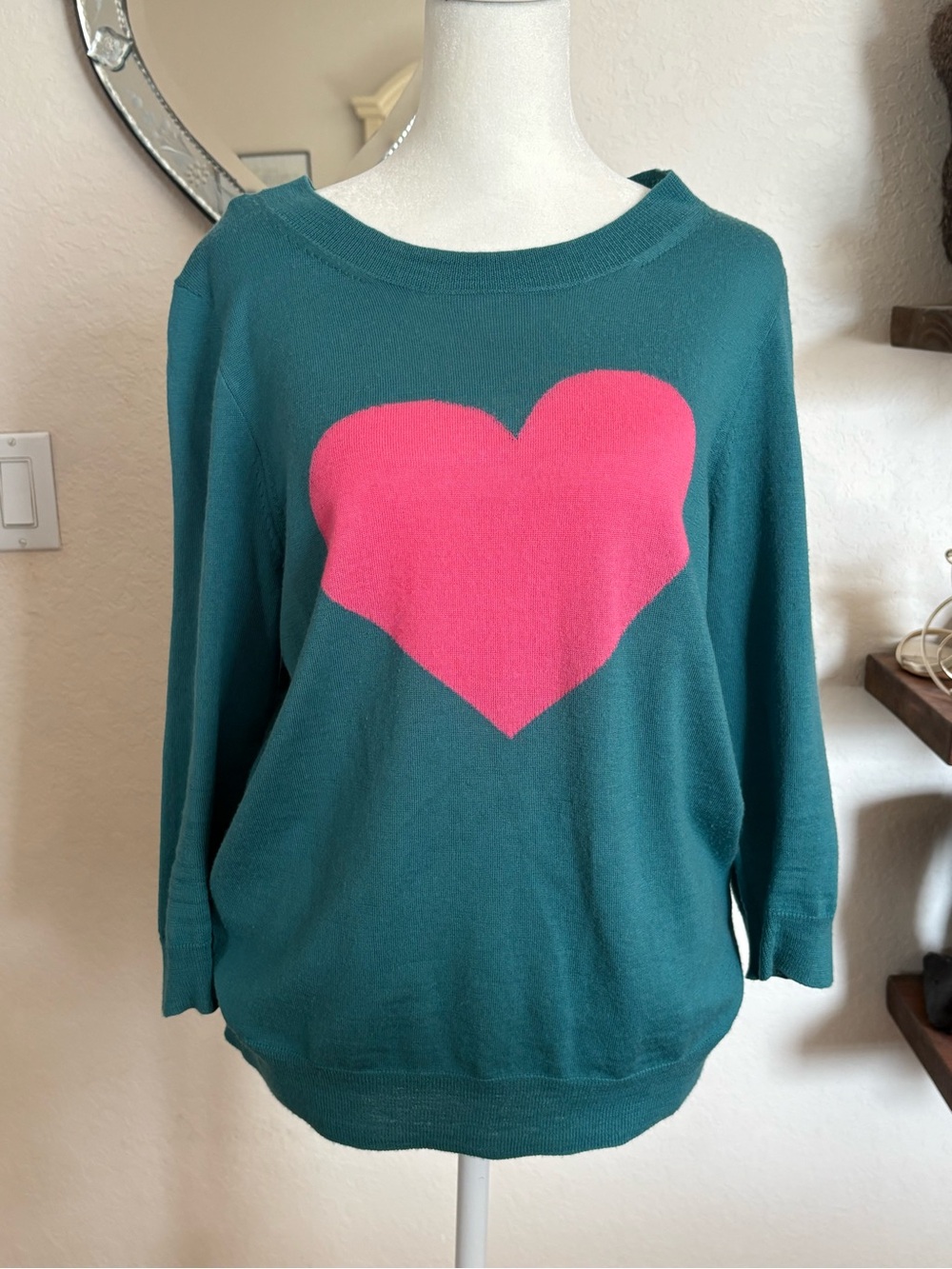 J. Crew Teal Crewneck Sweater with Pink Heart